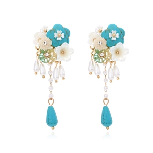 Bohemian Floral Tassel Dangle Earrings With Faux Artificial Pearls And Turquoise Resin Flowers Vintage Palace Style For Women