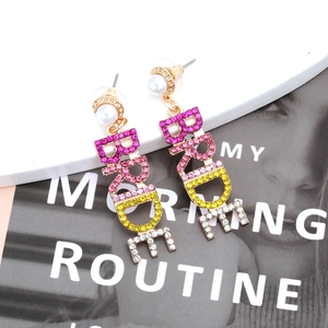 Sparkly BRIDE drop earrings with colorful rhinestones and white pearls in gold finish
