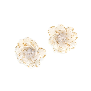 Artistic white enamel floral stud earrings with gold edges and crystal centers