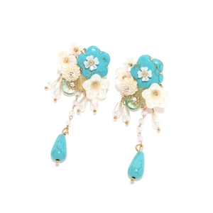 Retro turquoise pearl flower tassel earrings with elegant long bohemian floral drop design