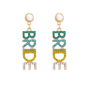 Bride Letter Dangle Earrings Long Alloy Colorful Gradient Rhinestone With Faux Artificial Pearl For Wedding Party Bridal