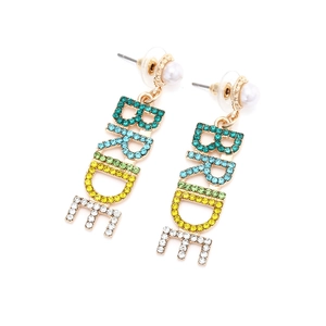 Sparkly BRIDE drop earrings with colorful gradient rhinestones and pearl studs