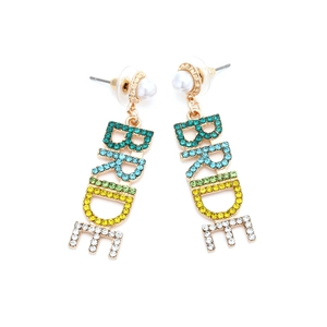 Golden BRIDE drop earrings with gradient rhinestones and elegant faux pearl studs