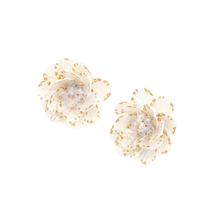 Exquisite white layered flower stud earrings with gold trim and crystal centers