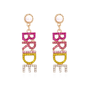 Long BRIDE letter drop earrings with colorful rhinestones and white pearls for weddings