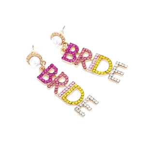 Detailed view of long BRIDE letter earrings with colorful rhinestones and pearl studs