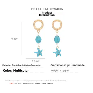 Detailed view showing starfish drop earrings dimensions with blue turquoise beads