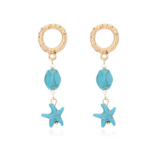 Starfish Dangle Earrings With Gold Textured Alloy Ring Faux Turquoise And Imitation Artificial Pearl Bohemian Summer Jewelry Women