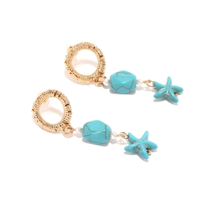 Bohemian starfish drop earrings with blue turquoise beads and gold spiral rings