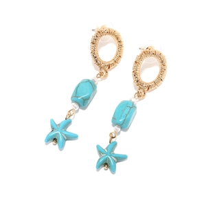Bohemian starfish drop earrings with turquoise beads and gold textured rings