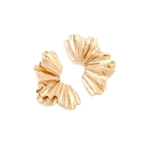 Statement gold gingko leaf earrings with layered pleated design and vintage textured finish
