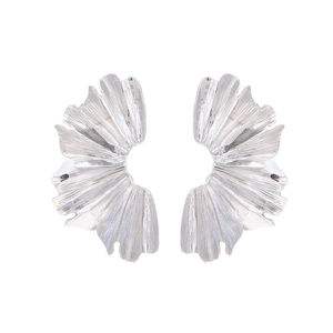 Vintage layered pleated ginkgo leaf earrings in silver alloy finish for women