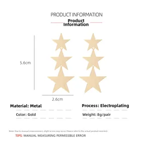 Close-up of golden multi-layer star earrings with detailed 5.6cm by 2.6cm dimensions