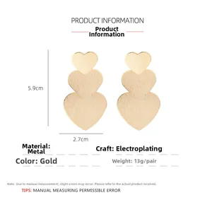 Detailed size specifications for gold tiered heart drop earrings with brushed texture