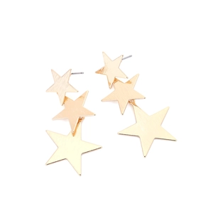 Minimalist gold tiered star drop earrings with brushed metal texture on white background