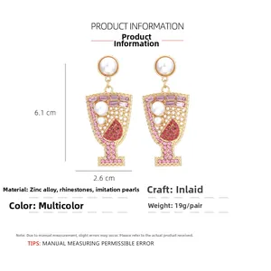 Detailed view of wine glass earrings with colorful crystals and pearls showing 6.1cm height