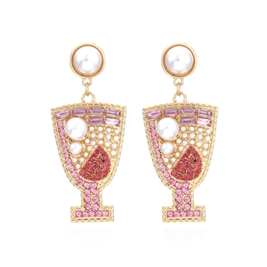 Creative Cocktail Wine Glass Dangle Earrings Gold Alloy Colorful Rhinestone Imitation Artificial Pearl Party Jewelry For Women