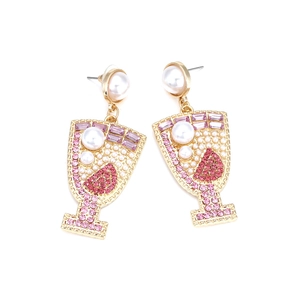 Detailed view of wine glass earrings featuring pearls and sparkling pink rhinestones