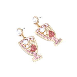 Chic gold champagne glass drop earrings with pink rhinestones and white pearls for women