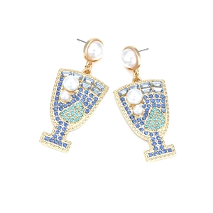 Creative alloy wine glass earrings with blue rhinestones and pearls on white background