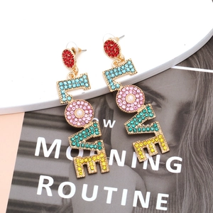 Fashionable long drop LOVE earrings with vibrant colorful rhinestones and crystal studs