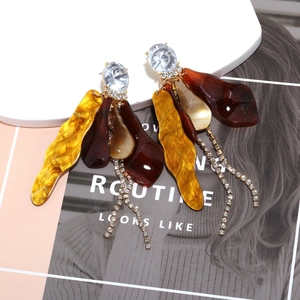 Exaggerated long leaf tassel earrings with rhinestones and amber resin pendants
