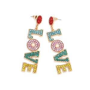 Fashion LOVE letter earrings with colorful rhinestones and pearls on golden long drops