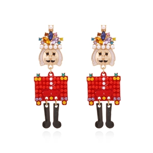 Nutcracker Soldier Dangle Earrings Alloy Colorful Zircon Faux Artificial Pearl Enamel Christmas Holiday Fashion Jewelry Women