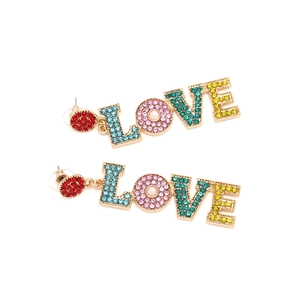 Detail of LOVE letter earrings with colorful rhinestones and imitation pearl on gold base