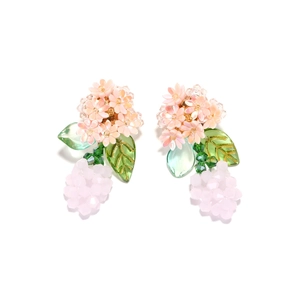 Handmade woven pink flower earrings with green leaf beads and purple crystal drops