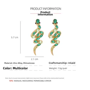 Detailed size view of gold snake earrings with green gradient rhinestones, 5.7cm height