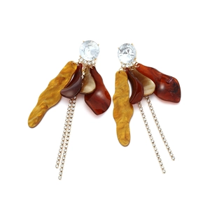Statement long tassel earrings with rhinestones and acrylic leaf charms in vintage style