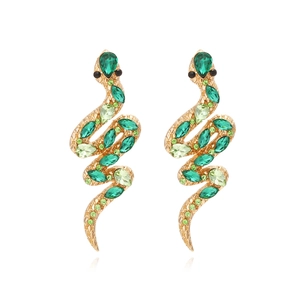 Snake Shaped Drop Earrings Green Crystal Alloy Gold Tone Animal Design Statement Jewelry For Women