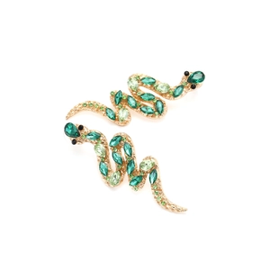 Snake drop earrings in gold finish with gradient green crystals for a luxury look