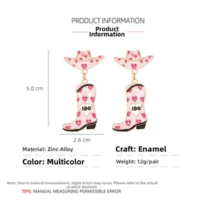 Pink western cowboy hat and boot earrings with heart detail and 5.0cm x 2.6cm size