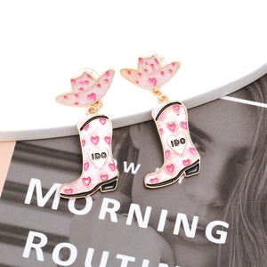 Pink enamel cowboy hat and boot earrings with heart detail and I DO text for women