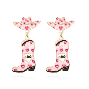 Pink western cowboy hat and boot earrings with heart detail and golden metal finish