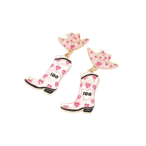 Detail of pink cowboy boot earrings with I DO text and heart patterns in gold finish