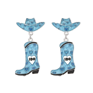 Blue cowboy hat and boot earrings with heart patterns and I DO lettering on white background