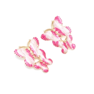 Detail of pink and white gradient butterfly earrings with golden metal edges