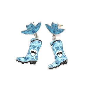 Western style light blue enamel cowboy boot earrings with blue heart patterns and I DO text