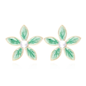 Boucles D Oreilles Fleurs En Email Avec Fausse Künstliche Perle Alliage De Zinc Floral Feuille Bijoux Femme Elegant