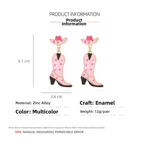 Pink polka dot cowboy hat and boot earrings showing dimensions 5.1cm by 2.6cm