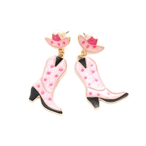Pink polka dot cowboy hat and boot drop earrings in Western vintage style