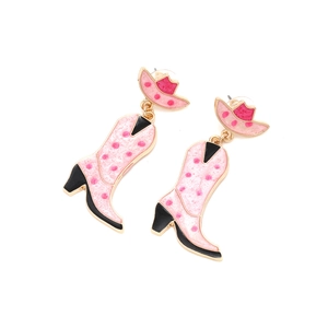 Pink polka dot cowboy hat and boot earrings with glitter enamel finish in western style