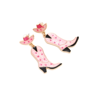 Detailed view of pink western cowboy boot earrings with leopard spots and gold trim