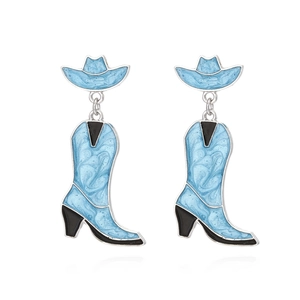 Pink western cowboy hat and boot drop earrings with blue marble enamel finish