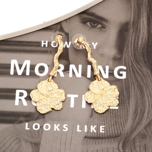 Minimalist gold long alloy floral earrings with vintage textured twig and petal details