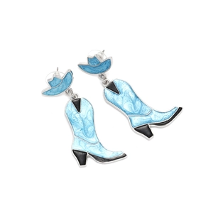 Detail of light blue marble enamel cowboy boot earrings with matching small hat studs