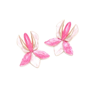 Detail of layered enamel flower earrings with pink gradient and golden metal edges